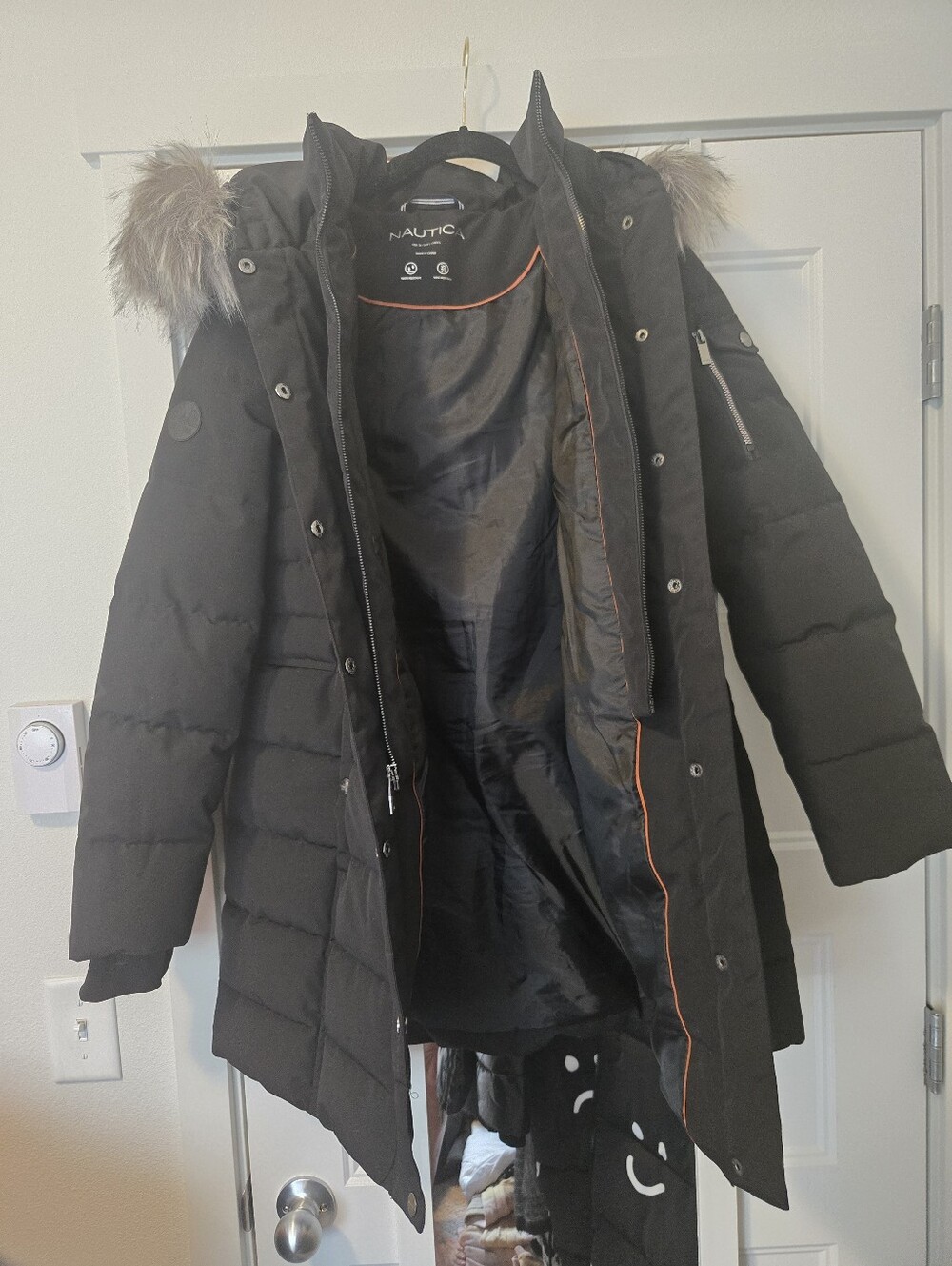 NAUTICA Women's Black Quilted Parka Coat with Faux Fur Hood. Size M - Picture 7 of 8